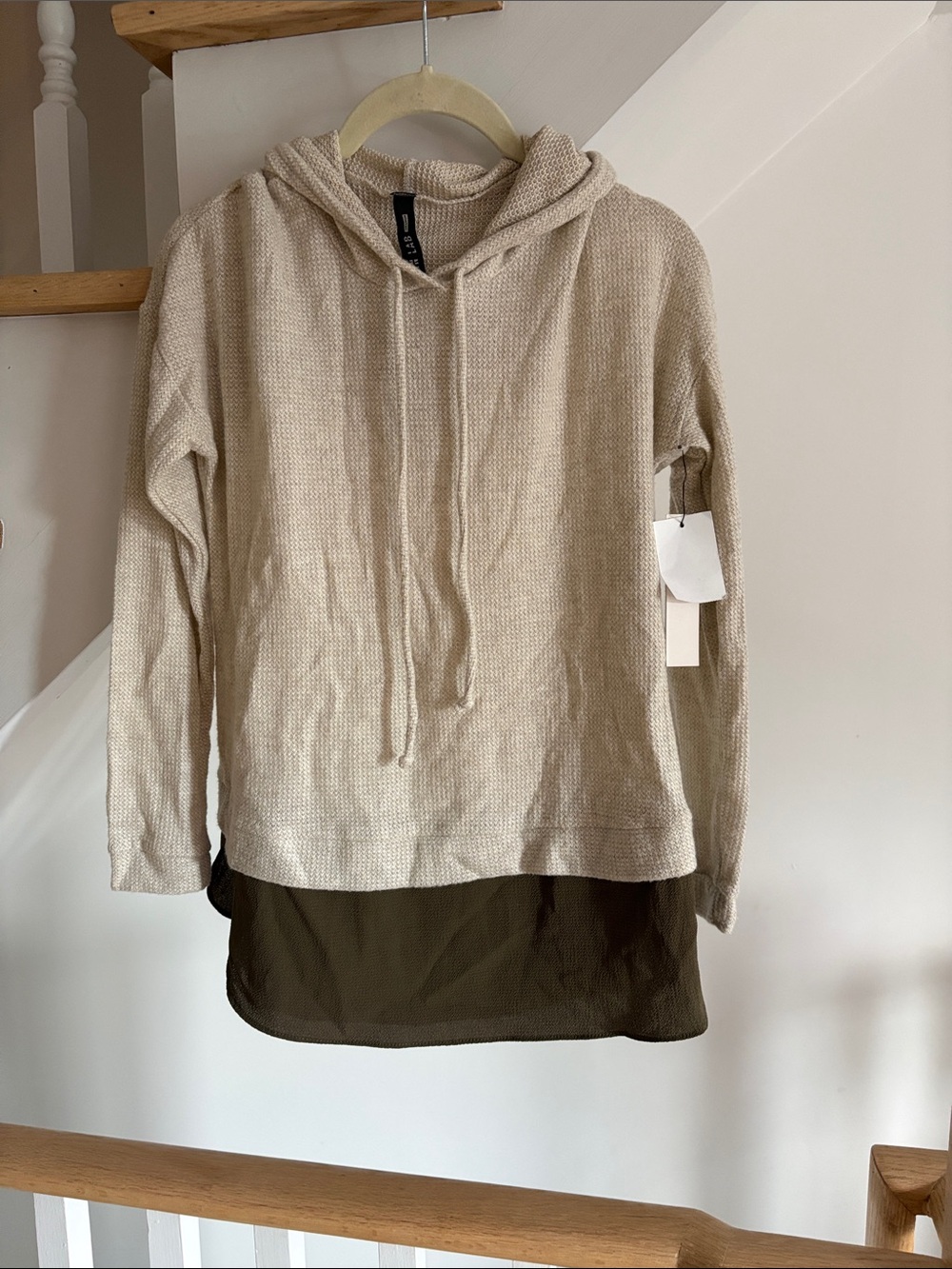 Design Lab Lord & Taylor Beige Knit Hoodie with Olive Hem